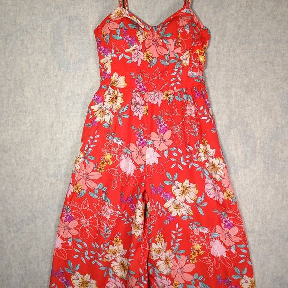 BOG Collective Pants - BOG Collective Red Floral Sweetheart Wide Leg Jumpsuit Vacation Style LARGE EUC